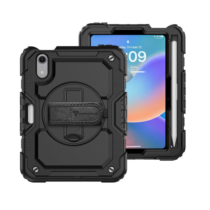 ARMOR-X iPad mini 8 shockproof case, impact protection cover with hand strap and kick stand. One-handed design for your workplace.