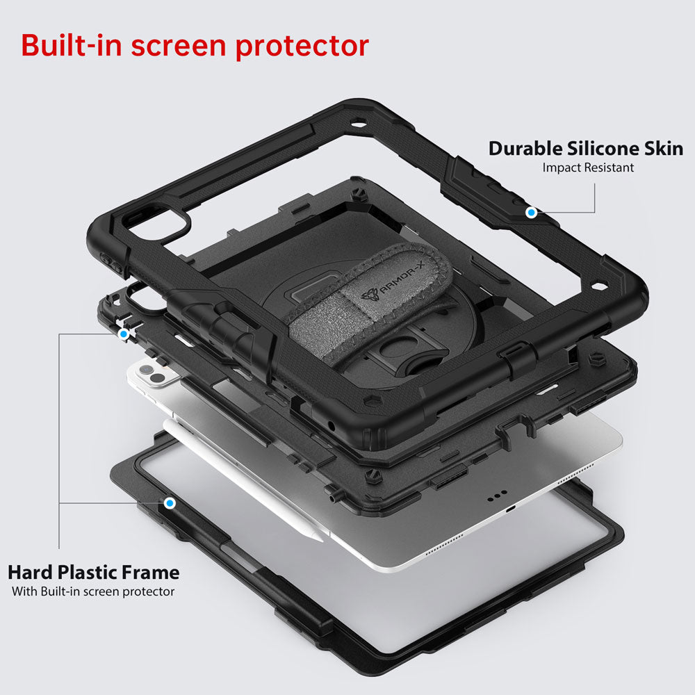 ARMOR-X iPad Pro 13 ( M4 ) shockproof case, impact protection cover with hand strap and kick stand. Ultra 3 layers impact resistant design