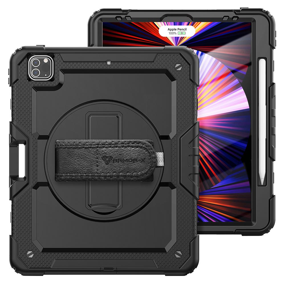 ARMOR-X iPad Pro 12.9 ( 3rd / 4th / 5th / 6th Gen. ) 2018 / 2020 / 2021 / 2022 shockproof case, impact protection cover with hand strap and kick stand. One-handed design for your workplace.
