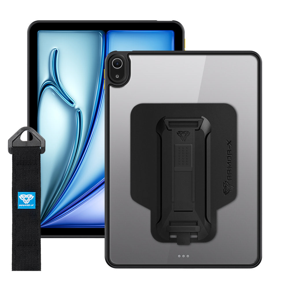 ARMOR-X iPad Air 11 ( M2 ) shockproof case, impact protection cover with hand strap and kick stand. One-handed design for your workplace.