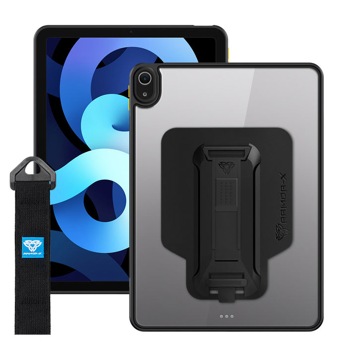 ARMOR-X iPad Air 4 2020 / iPad Air 5 2022 shockproof case, impact protection cover with hand strap and kick stand. One-handed design for your workplace.