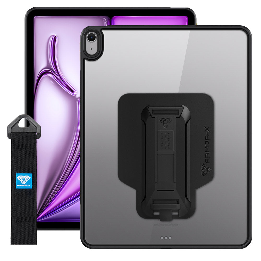 ARMOR-X iPad Air 13 ( M2 ) shockproof case, impact protection cover with hand strap and kick stand. One-handed design for your workplace.