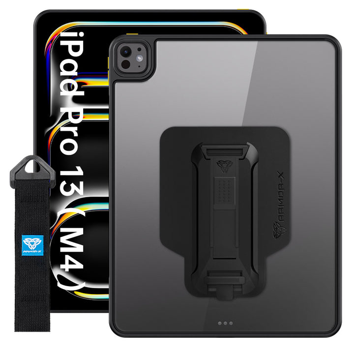 ARMOR-X iPad Pro 13 ( M4 ) shockproof case, impact protection cover with hand strap and kick stand. One-handed design for your workplace.