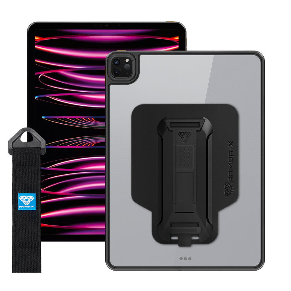ARMOR-X iPad Pro 11 ( 2nd / 3rd / 4th Gen. ) 2020 / 2021 / 2022 shockproof case, impact protection cover with hand strap and kick stand. One-handed design for your workplace.