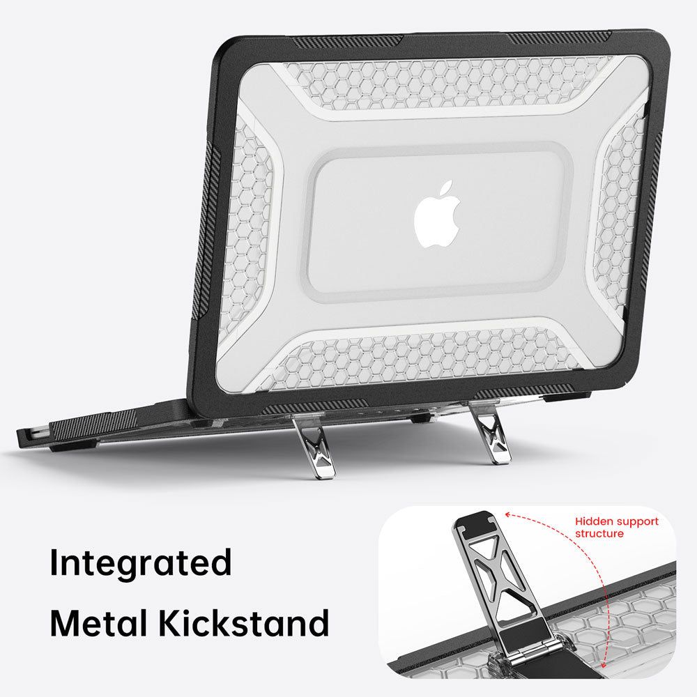 ARMOR-X MacBook Neo (A3404) case. Dual built-in metal support frame provides a stable viewing angle for ergonomic typing and media consumption.
