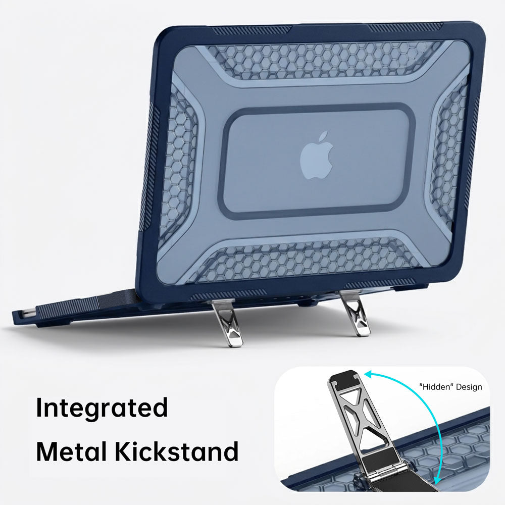 ARMOR-X MacBook Neo (A3404) case. Dual built-in metal support frame provides a stable viewing angle for ergonomic typing and media consumption.