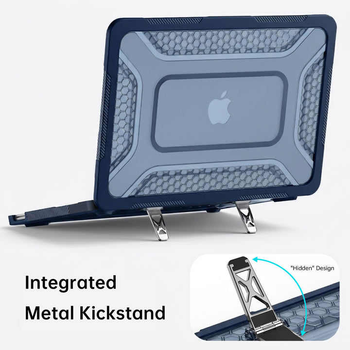 ARMOR-X MacBook Neo (A3404) case. Dual built-in metal support frame provides a stable viewing angle for ergonomic typing and media consumption.