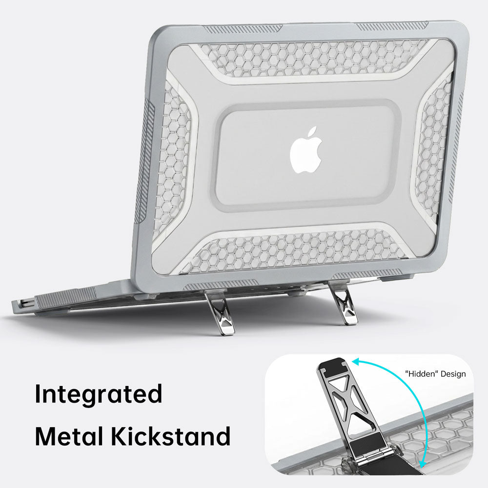 ARMOR-X MacBook Neo (A3404) case. Dual built-in metal support frame provides a stable viewing angle for ergonomic typing and media consumption.