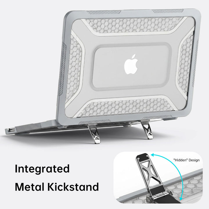 ARMOR-X MacBook Neo (A3404) case. Dual built-in metal support frame provides a stable viewing angle for ergonomic typing and media consumption.