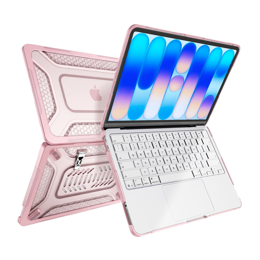 ARMOR-X MacBook Neo (A3404) shockproof case with dual built-in kickstand, bringing better visual experience and helps to relieve neck strain.