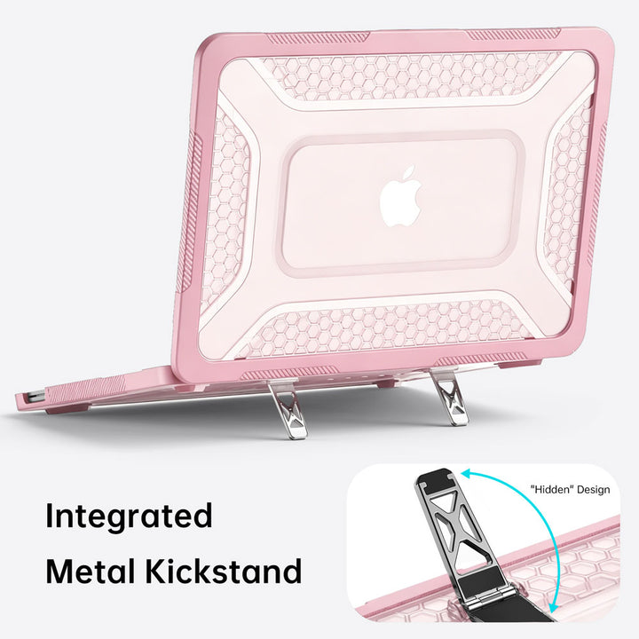 ARMOR-X MacBook Neo (A3404) case. Dual built-in metal support frame provides a stable viewing angle for ergonomic typing and media consumption.