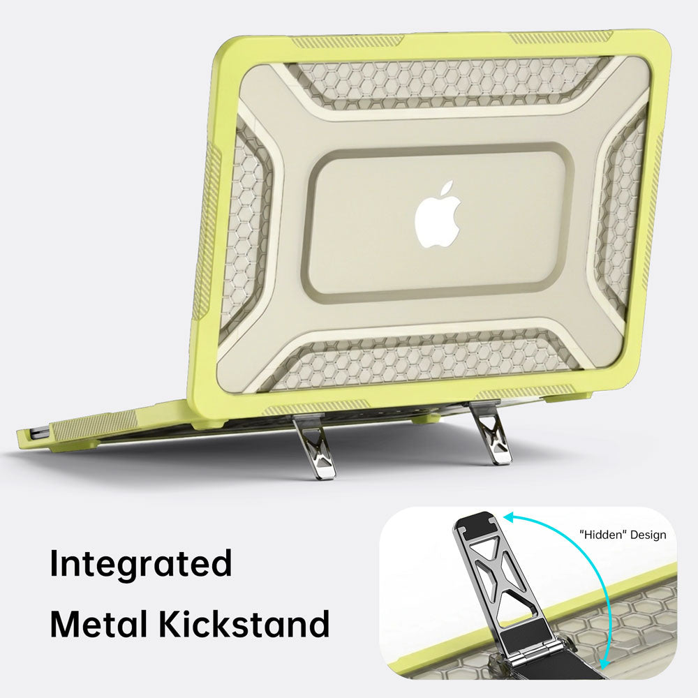 ARMOR-X MacBook Neo (A3404) case. Dual built-in metal support frame provides a stable viewing angle for ergonomic typing and media consumption.