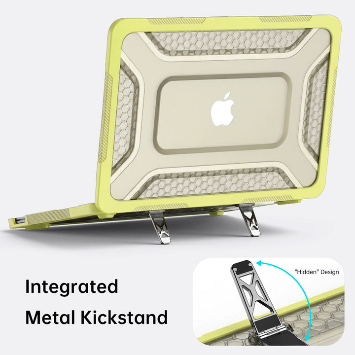 ARMOR-X MacBook Neo (A3404) case. Dual built-in metal support frame provides a stable viewing angle for ergonomic typing and media consumption.