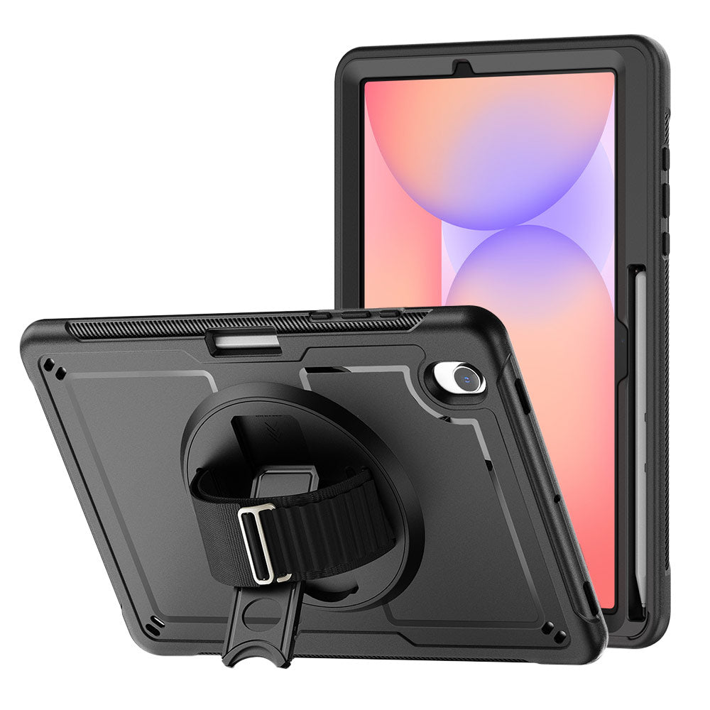 ARMOR-X Samsung Galaxy Tab S10 Lite SM-X400 / X406 shockproof case, impact protection cover with hand strap and kick stand. One-handed design for your workplace.