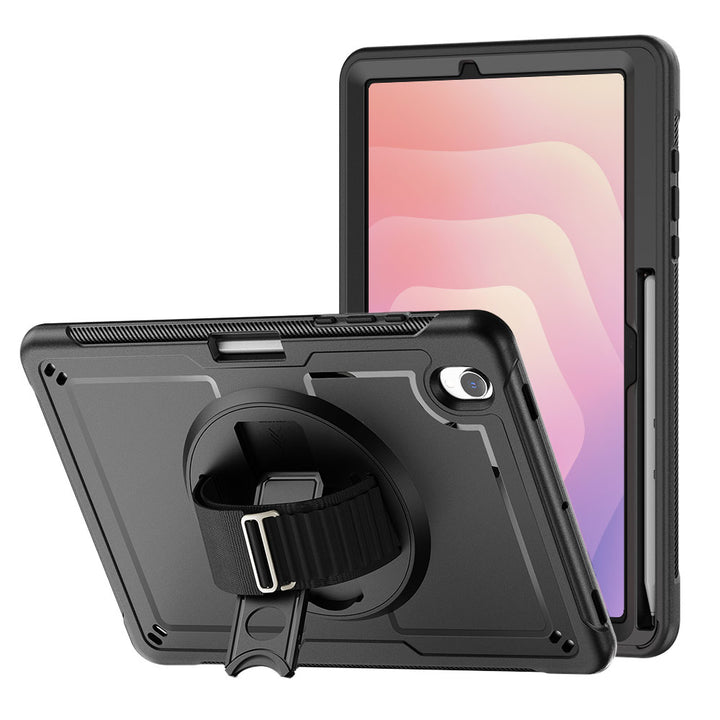 ARMOR-X Samsung Galaxy Tab S11 SM-X730 / X736 / X738 shockproof case, impact protection cover with hand strap and kick stand. One-handed design for your workplace.