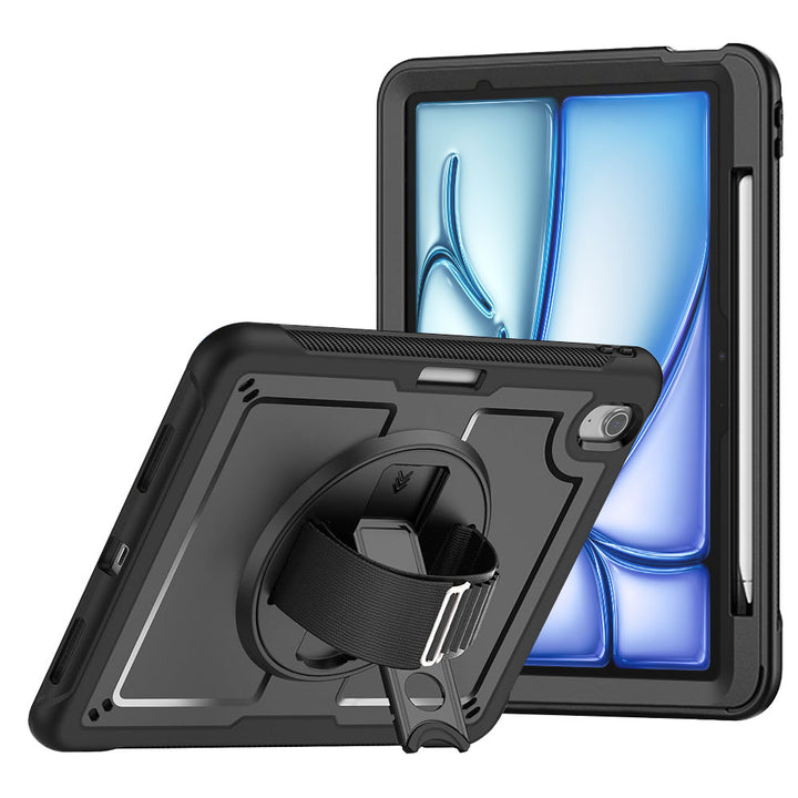 ARMOR-X iPad Air 11 ( M2 ) shockproof case, impact protection cover with hand strap and kick stand. One-handed design for your workplace.