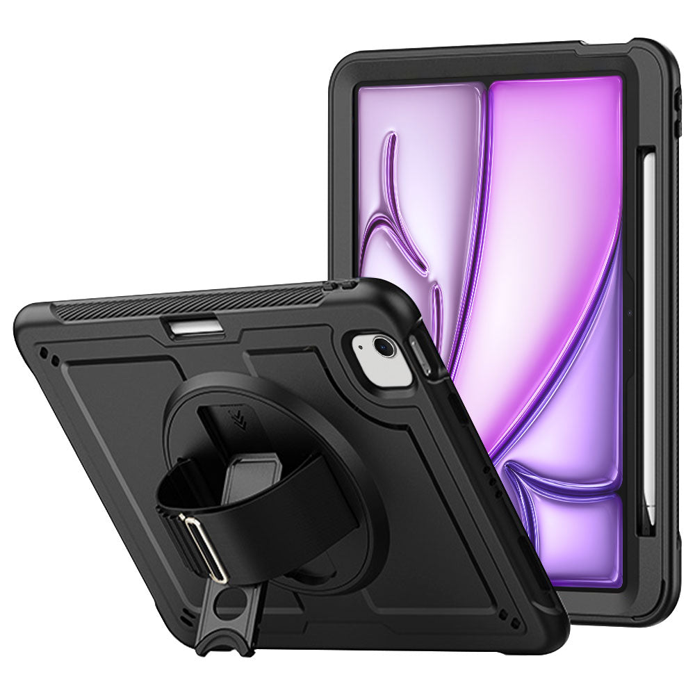 ARMOR-X iPad Air 13 ( M2 ) shockproof case, impact protection cover with hand strap and kick stand. One-handed design for your workplace.