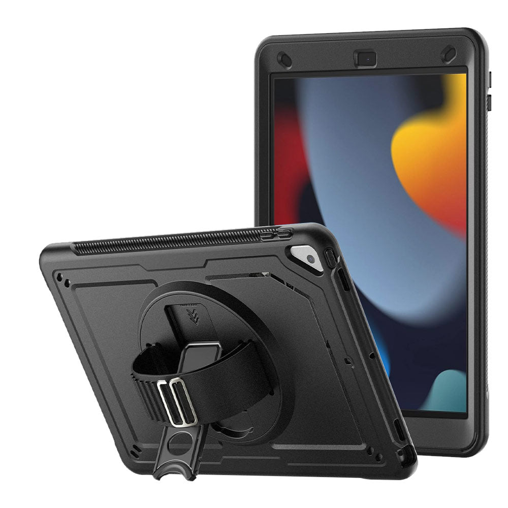 ARMOR-X iPad 10.2 (7th & 8th & 9th Gen.) 2019 / 2020 / 2021 shockproof case, impact protection cover with hand strap and kick stand. One-handed design for your workplace.