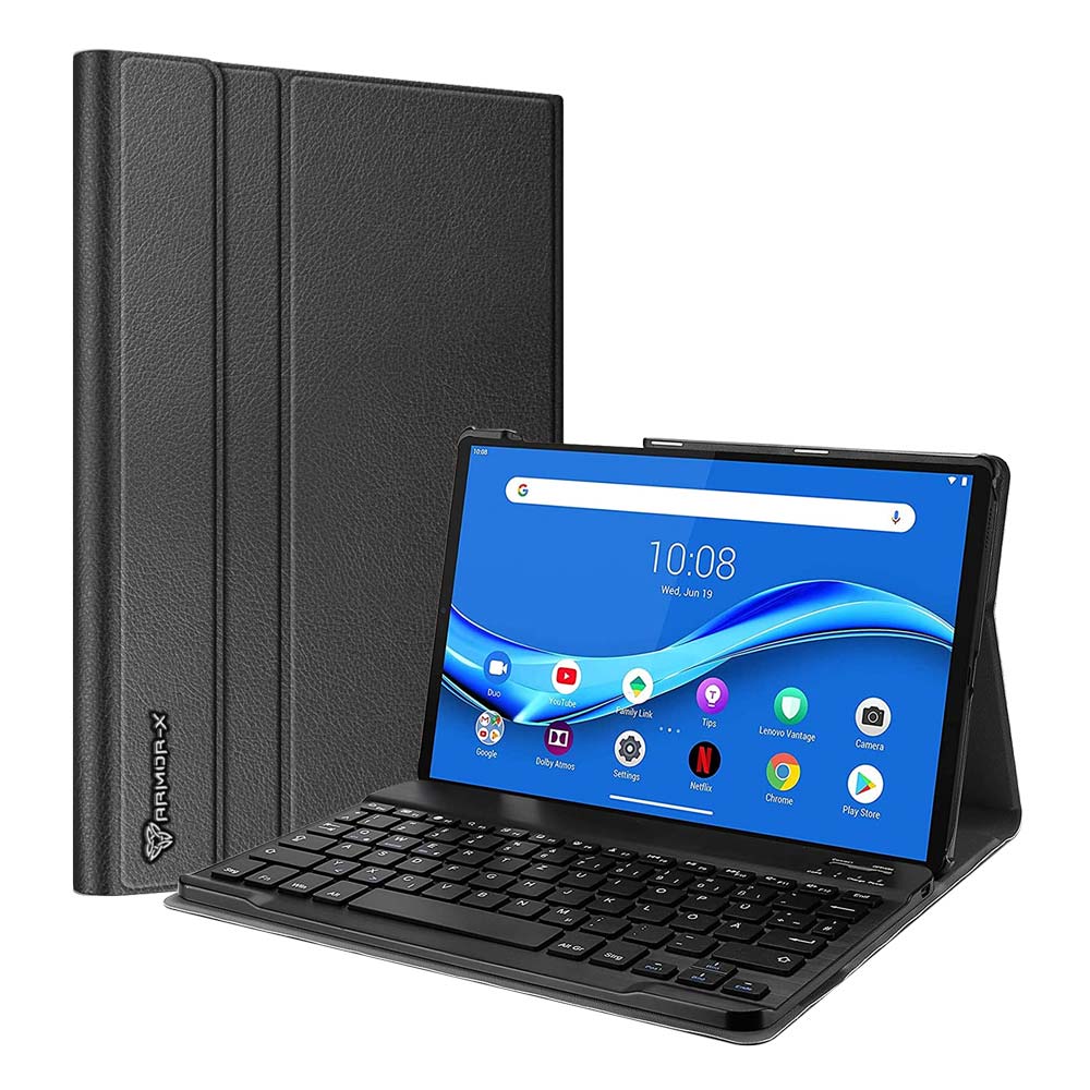 ARMOR-X Lenovo Tab M10 Plus TB-X606 shockproof case, impact protection cover. Shockproof case with magnetic detachable wireless keyboard. Hand free typing, drawing, video watching.