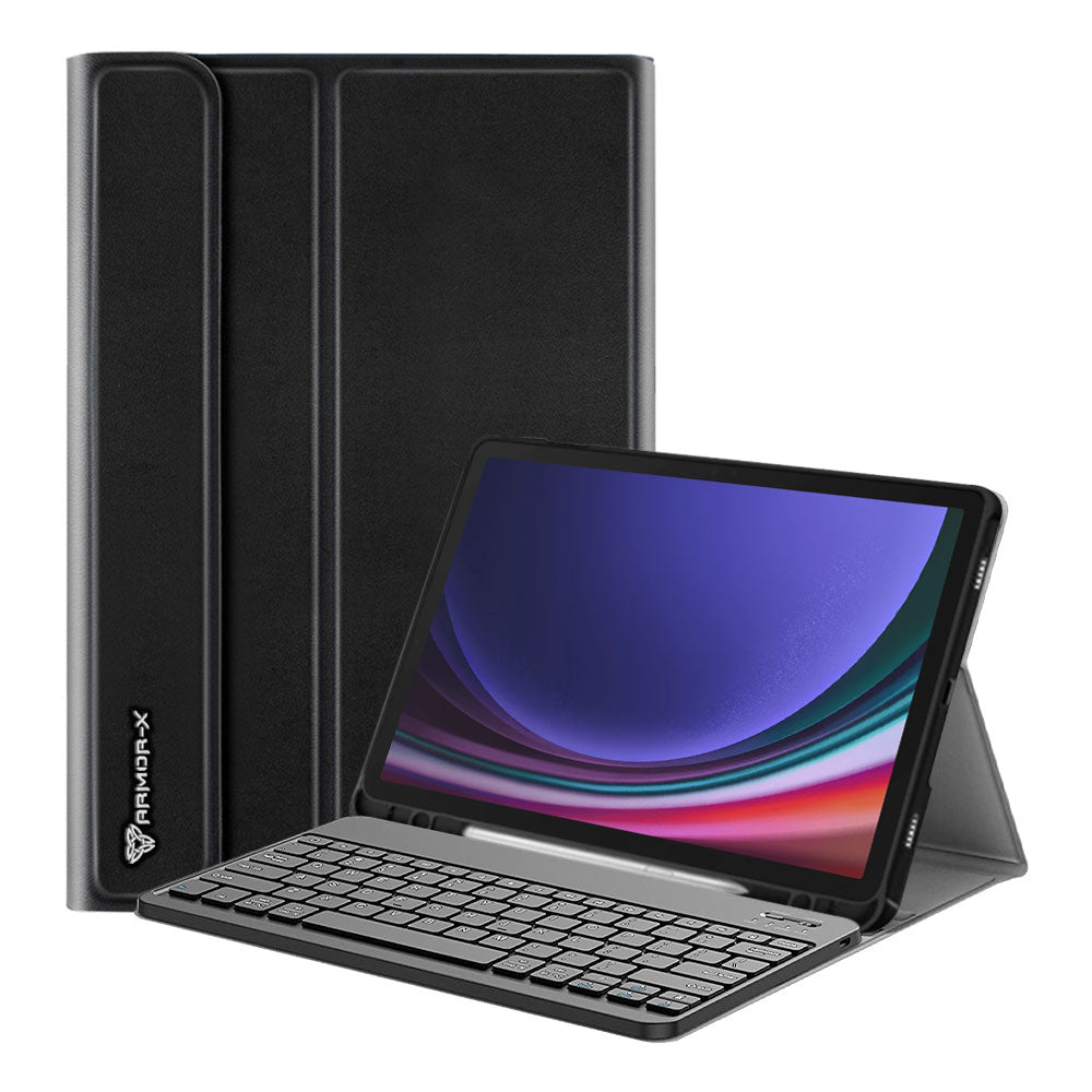ARMOR-X Samsung Galaxy Tab S9 SM-X710 / X716 / X718 shockproof case, impact protection cover. Shockproof case with magnetic detachable wireless keyboard. Hand free typing, drawing, video watching.
