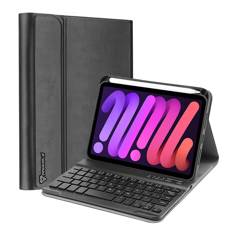 ARMOR-X iPad mini 6 shockproof case, impact protection cover. Shockproof case with magnetic detachable wireless keyboard. Hand free typing, drawing, video watching.