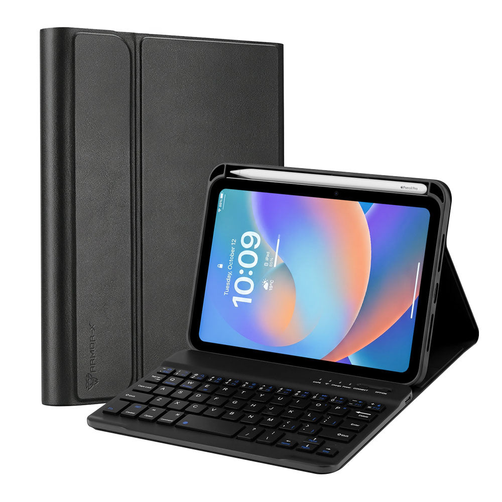 ARMOR-X iPad mini 8 shockproof case, impact protection cover. Shockproof case with magnetic detachable wireless keyboard. Hand free typing, drawing, video watching.