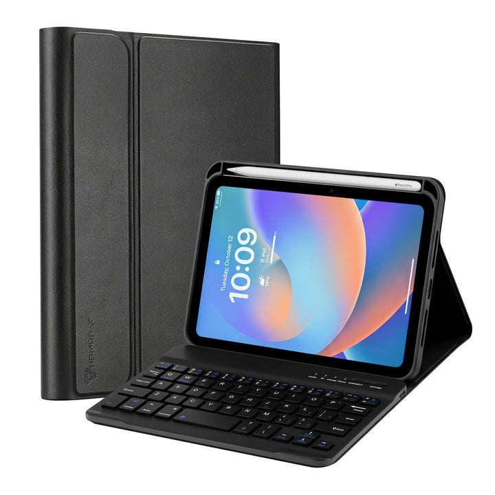 ARMOR-X iPad mini 8 shockproof case, impact protection cover. Shockproof case with magnetic detachable wireless keyboard. Hand free typing, drawing, video watching.