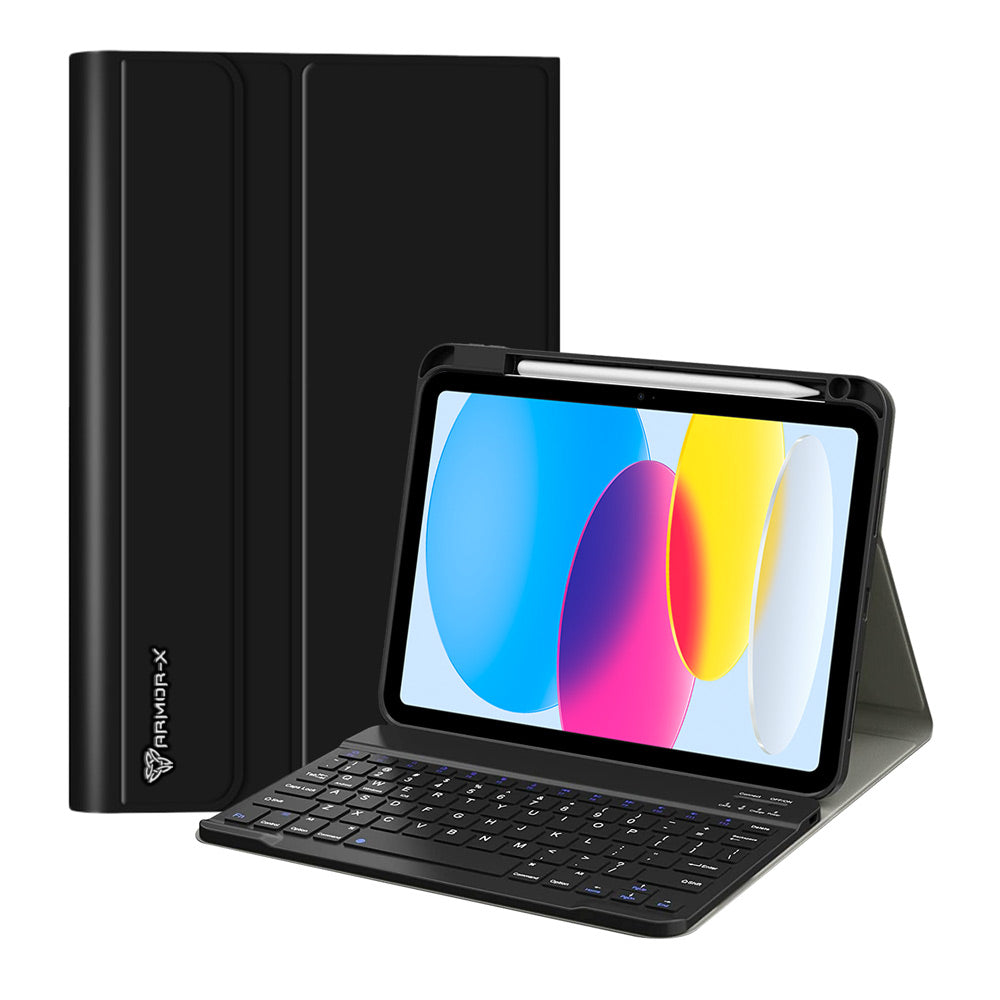 ARMOR-X iPad 10.9 (10th Gen.) shockproof case, impact protection cover with magnetic detachable wireless keyboard. Hand free typing, drawing, video watching.