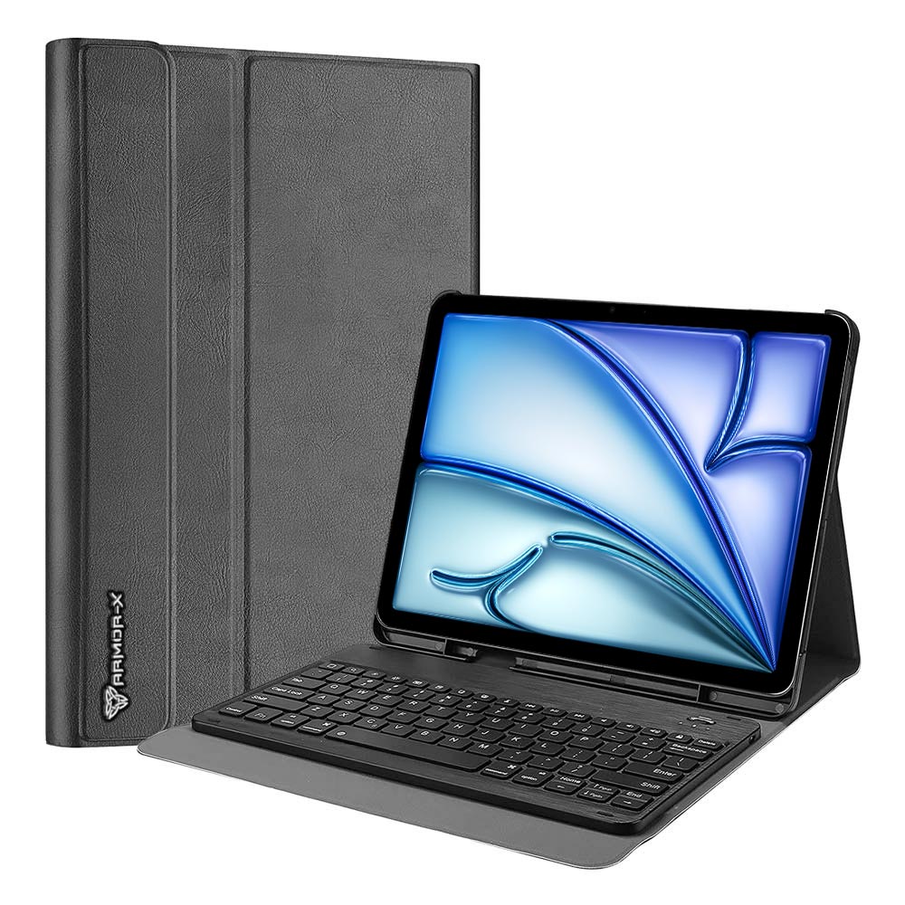 ARMOR-X iPad Air 11 ( M2 ) shockproof case, impact protection cover. Shockproof case with magnetic detachable wireless keyboard. Hand free typing, drawing, video watching.