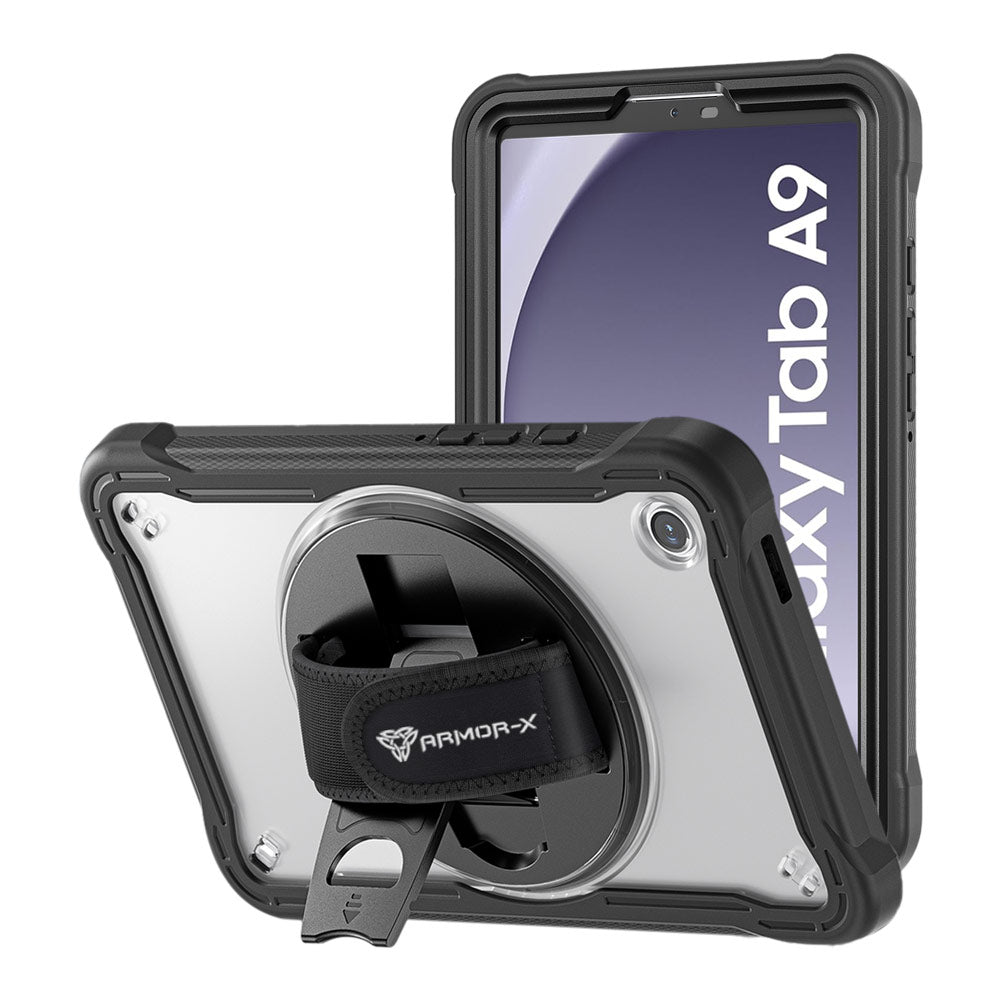 ARMOR-X Samsung Galaxy Tab A9 ( 8.7" ) SM-X110 / SM-X115 shockproof case, impact protection cover with hand strap and kick stand. One-handed design for your workplace.