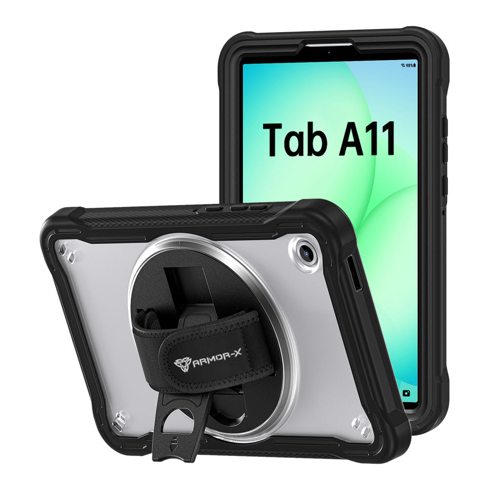 ARMOR-X Samsung Galaxy Tab A11 ( 8.7" ) SM-X133 / SM-X135 shockproof case, impact protection cover with hand strap and kick stand. One-handed design for your workplace.