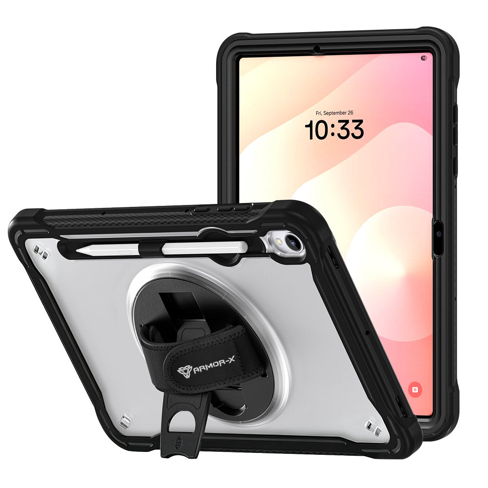 ARMOR-X Samsung Galaxy Tab S11 SM-X730 / X736 / X738 shockproof case, impact protection cover with hand strap and kick stand. One-handed design for your workplace.