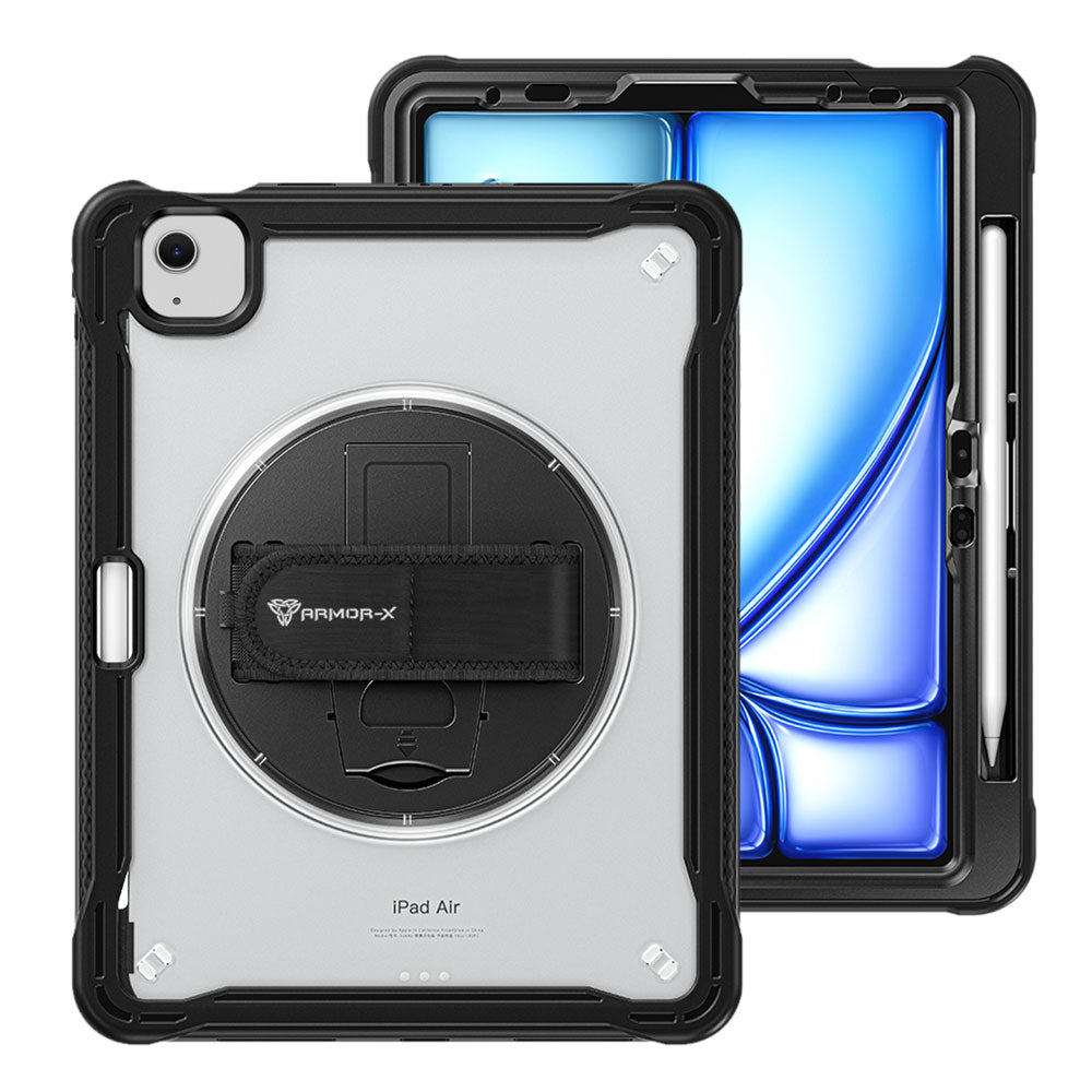 ARMOR-X iPad Air 11 ( M2 ) shockproof case, impact protection cover with hand strap and kick stand. One-handed design for your workplace.