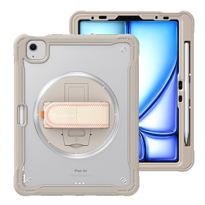 ARMOR-X iPad Air 11 ( M2 ) shockproof case, impact protection cover with hand strap and kick stand. One-handed design for your workplace.