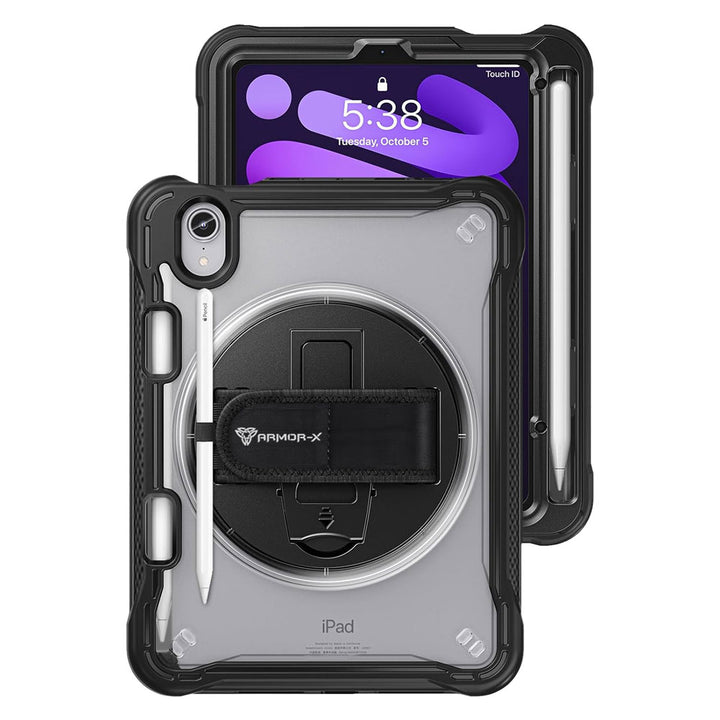 ARMOR-X iPad mini 6 shockproof case, impact protection cover with hand strap and kick stand. One-handed design for your workplace.