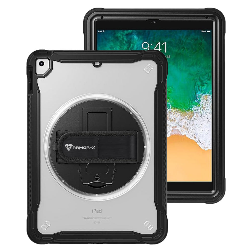 ARMOR-X iPad 9.7 ( 5th / 6th Gen. ) 2017 / 2018 shockproof case, impact protection cover with hand strap and kick stand. One-handed design for your workplace.