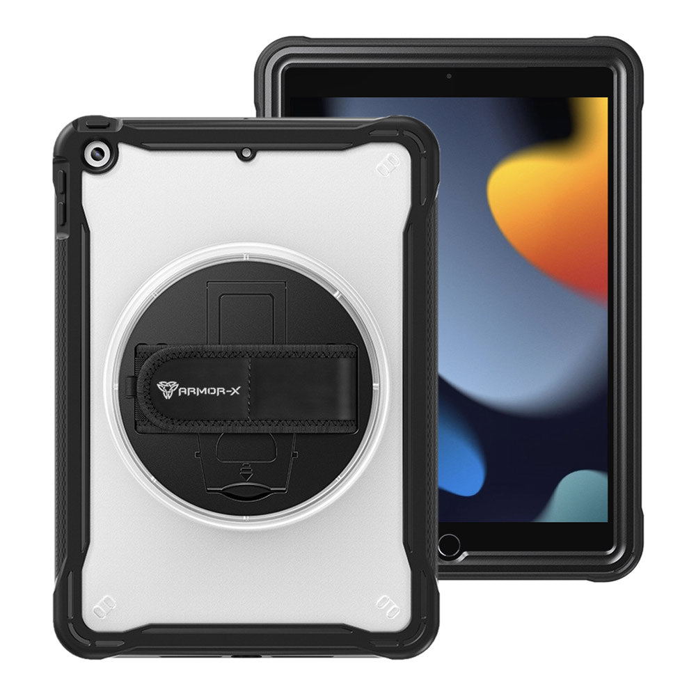 ARMOR-X iPad 10.2 (7th & 8th & 9th Gen.) 2019 / 2020 / 2021 shockproof case, impact protection cover with hand strap and kick stand. One-handed design for your workplace.