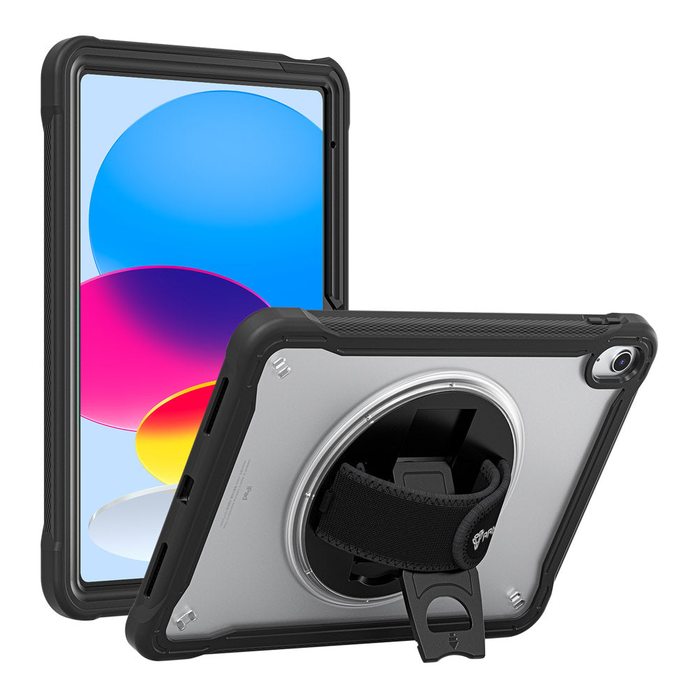 ARMOR-X iPad 10.9 (10th Gen.) shockproof case, impact protection cover with hand strap and kick stand. One-handed design for your workplace.