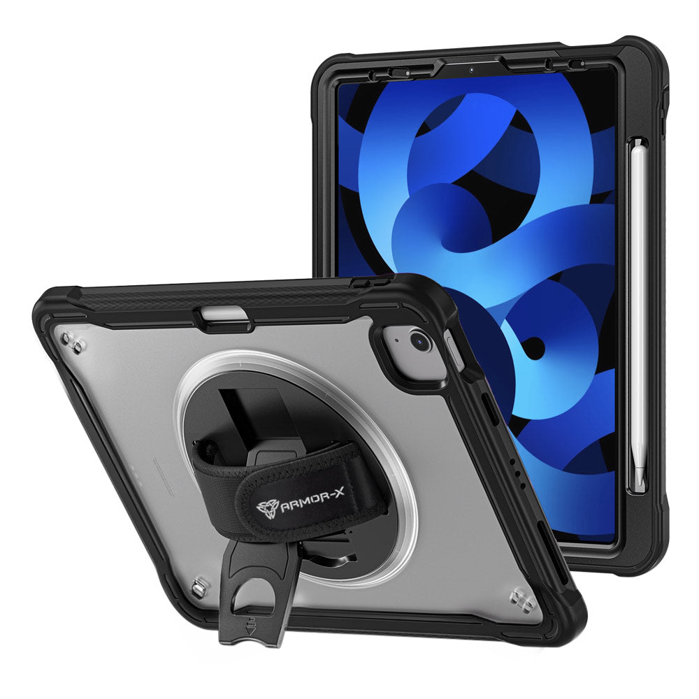 ARMOR-X iPad Air 4 2020 / iPad Air 5 2022 shockproof case, impact protection cover with hand strap and kick stand. One-handed design for your workplace.