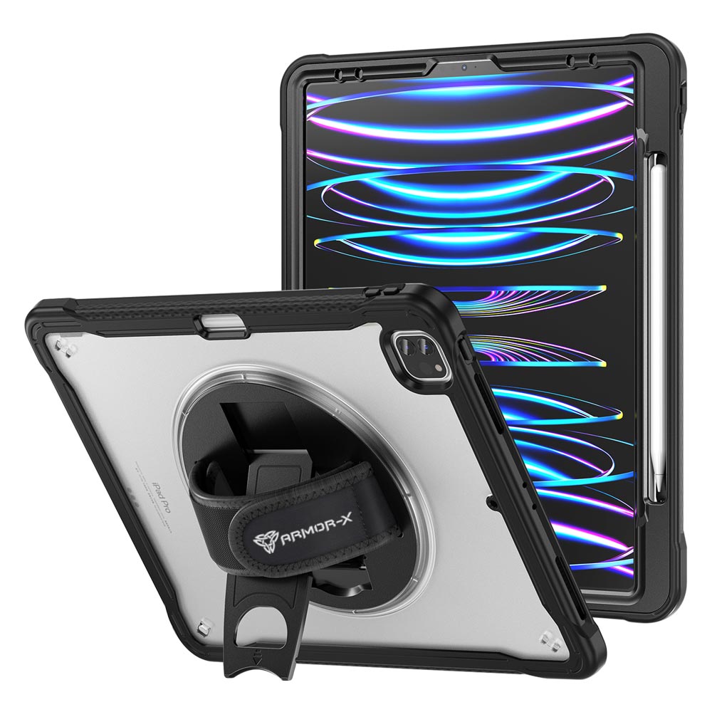 ARMOR-X iPad Pro 12.9 ( 3rd / 4th / 5th / 6th Gen. ) 2018 / 2020 / 2021 / 2022 shockproof case, impact protection cover with hand strap and kick stand. One-handed design for your workplace.