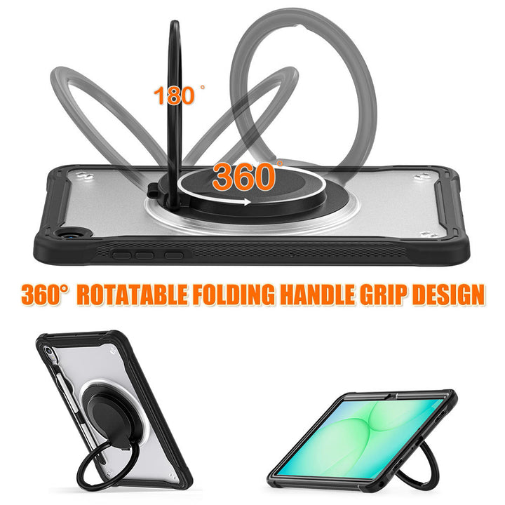 ARMOR-X Samsung Galaxy Tab S11 SM-X730 / X736 / X738 shockproof case. Rugged case with folding grip. Folding grip kickstand support both portrait and landscape mode. Work perfectly for APPs need both viewing modes.