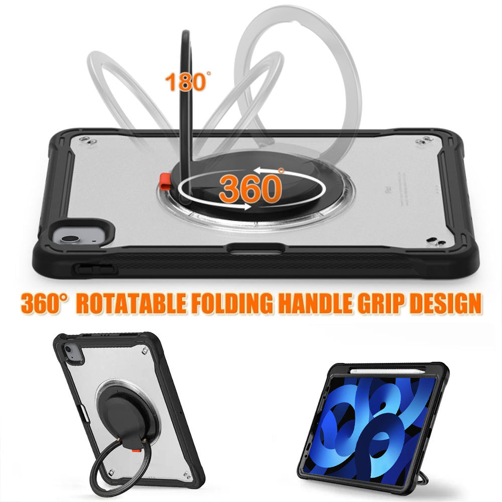 ARMOR-X APPLE iPad Air 4 2020 / iPad Air 5 2022 shockproof case. Rugged case with folding grip. Folding grip kickstand support both portrait and landscape mode. Work perfectly for APPs need both viewing modes.