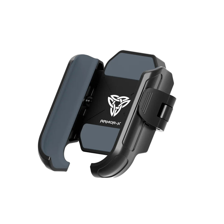 ARMOR-X 17mm Universal Phone Holder fits iPhone and smartphones 64–82mm wide, supports cases up to 15mm thick, with secure locking and quick release.
