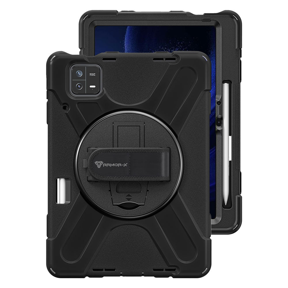 ARMOR-X Xiaomi Pad 6 / 6 Pro shockproof case, impact protection cover with hand strap and kick stand. One-handed design for your workplace.
