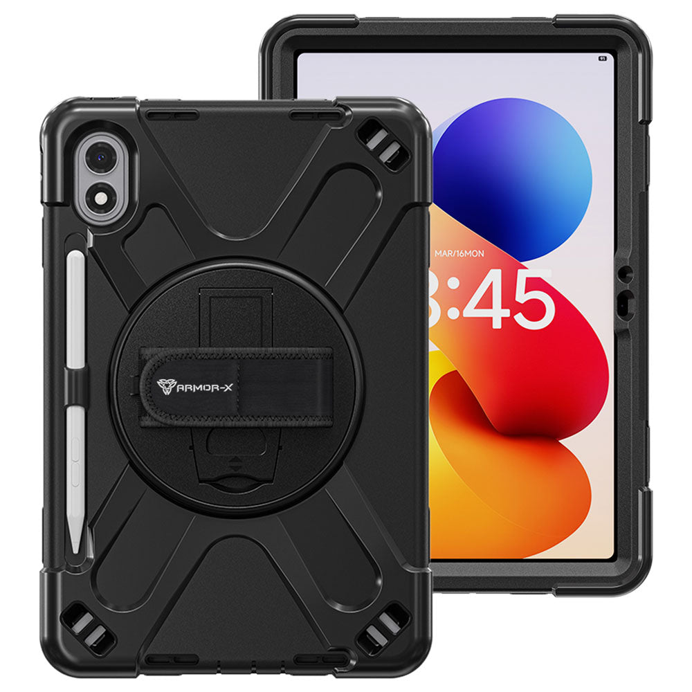 ARMOR-X Xiaomi Redmi Pad 2 Pro shockproof case, impact protection cover with hand strap and kick stand. One-handed design for your workplace.