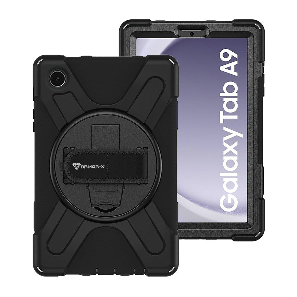 ARMOR-X Samsung Galaxy Tab A9 SM-X110 / SM-X115 ultra 3 layers shockproof rugged case with hand strap and kick-stand. heavy duty rugged case.
