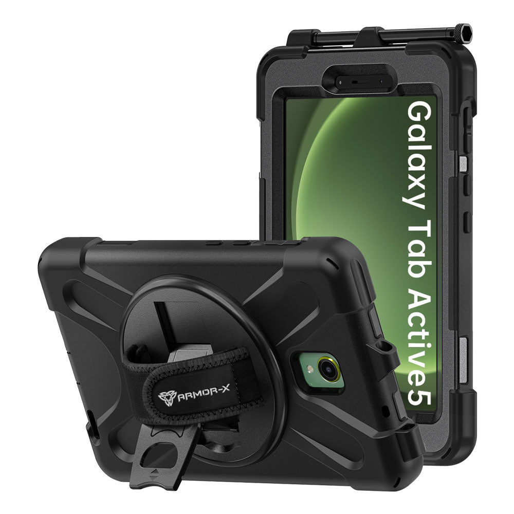 ARMOR-X Samsung Galaxy Tab Active5 SM-X306B ultra 3 layers shockproof rugged case with hand strap and kick-stand. heavy duty rugged case.