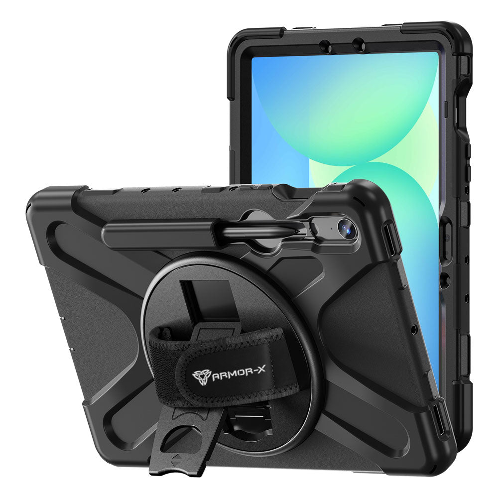 ARMOR-X Samsung Galaxy Tab S10 FE SM-X520 X526 X528 / S10 Lite SM-X400 X406 ultra 3 layers shockproof rugged case with hand strap and kick-stand. heavy duty rugged case.