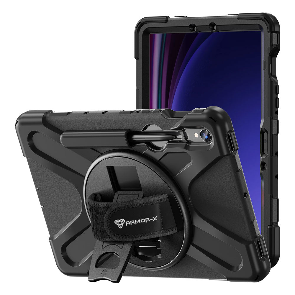 ARMOR-X Samsung Galaxy Tab S9 SM-X710 / X716 ultra 3 layers shockproof rugged case with hand strap and kick-stand. heavy duty rugged case.