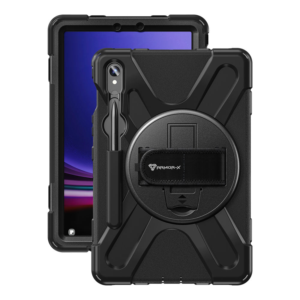 ARMOR-X Samsung Galaxy Tab S9 SM-X710 / X716 ultra 3 layers shockproof rugged case with hand strap and kick-stand. heavy duty rugged case.